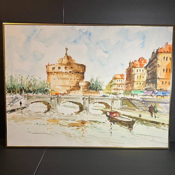 Handmade Other - Original Signed Ponte St Angelo Rome Bridge & Castle Framed Watercolor Painting